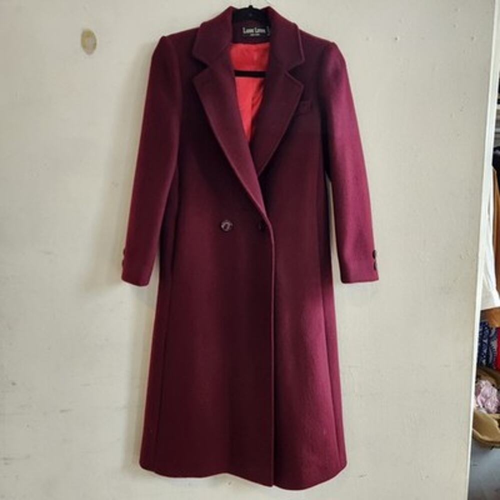 Larry Levine Sz Small Wool Burgundy Wine Red 2 Button Long Pea Coat Classic - Picture 2 of 10